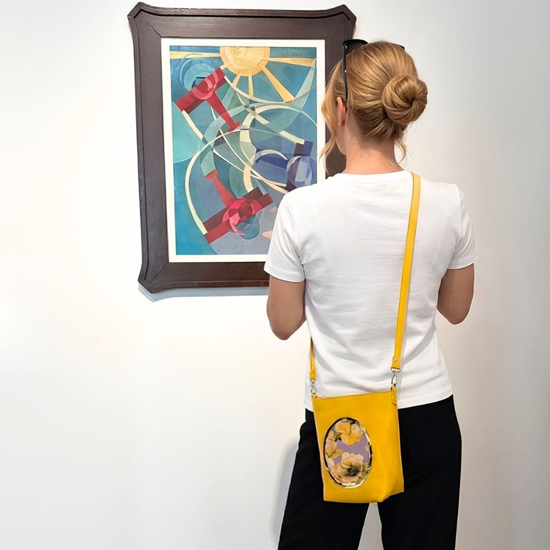 Emilia bag in yellow Mimosa leather with floral Fiori dell'Ottimismo cameo, Gamberini atelier Bologna